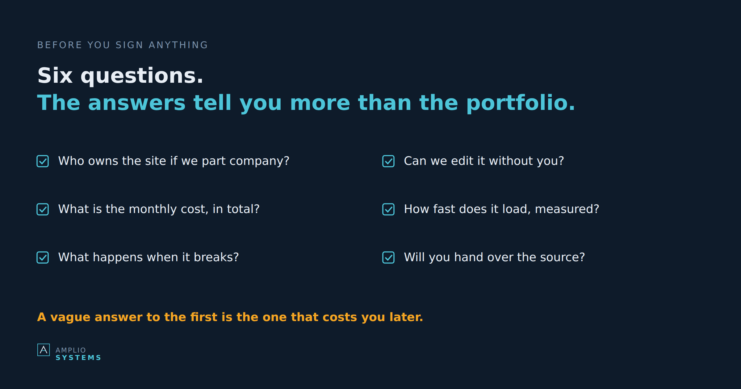 Six questions to ask a web designer before signing, shown as a checklist