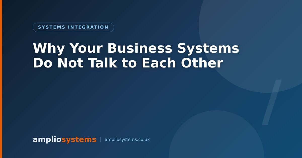 Diagram showing disconnected business systems — accounting, CRM, stock management — not communicating, with manual spreadsheet reconciliation in between.